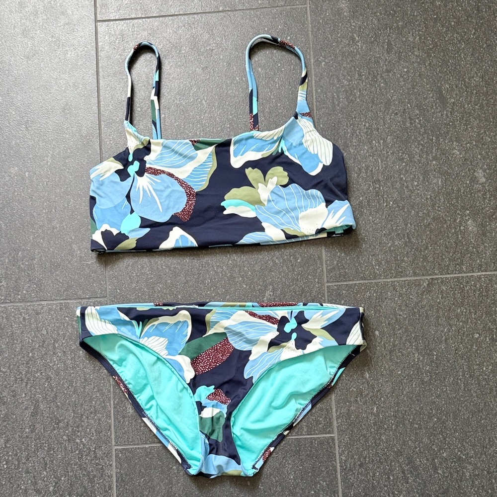 Athleta Navy Floral Two-Piece Bikini with Aqua Accents